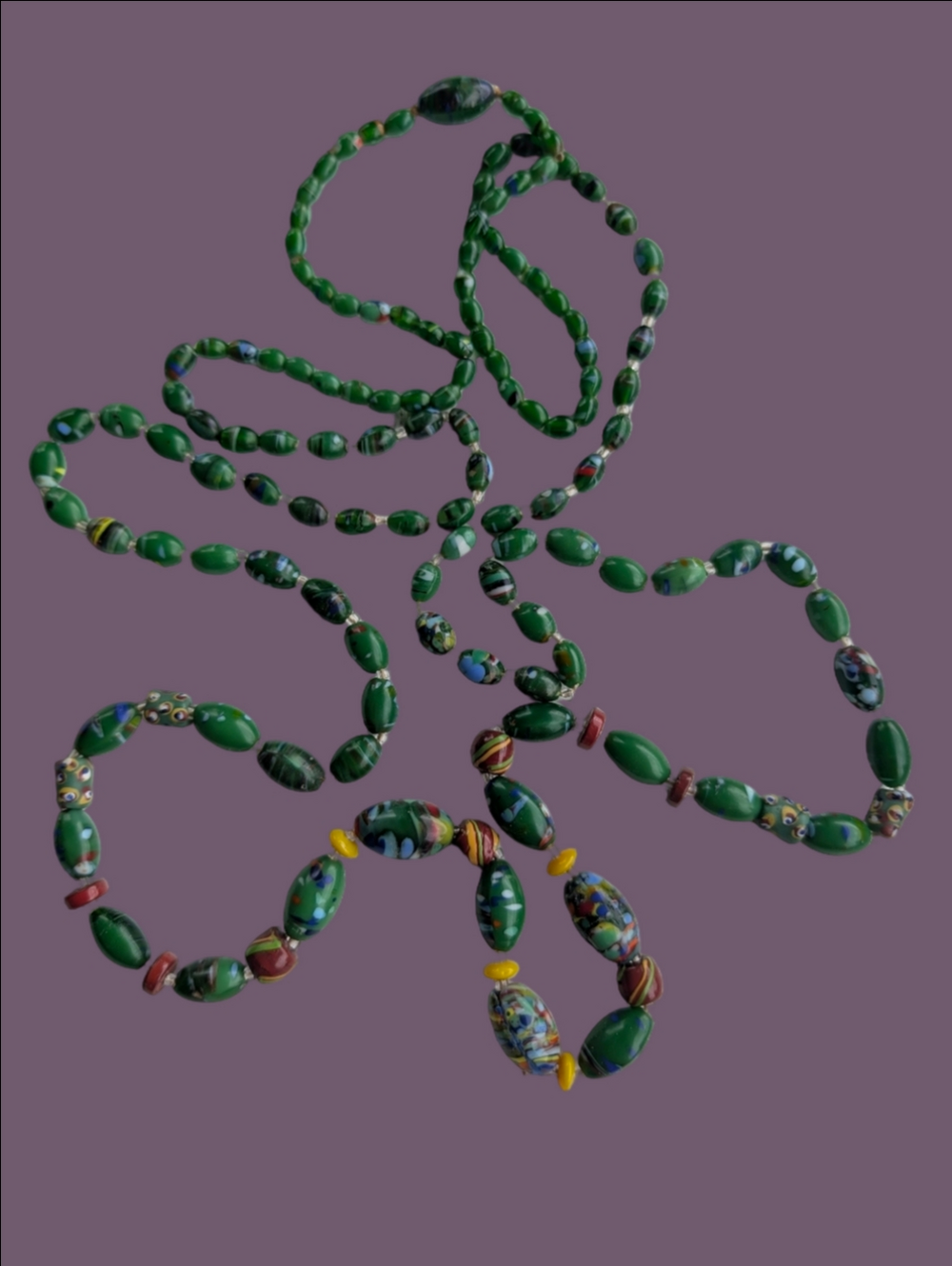 Vintage Green Glass Mosaic Bead Necklace 36 Inches Strung On String.